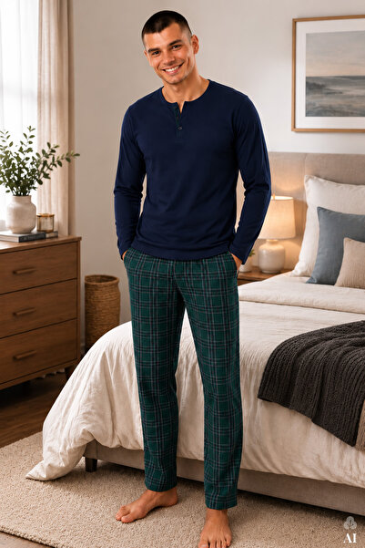 koza iç giyim Men's Cotton Long Sleeve Plaid Patterned Pajama Set with Placke...