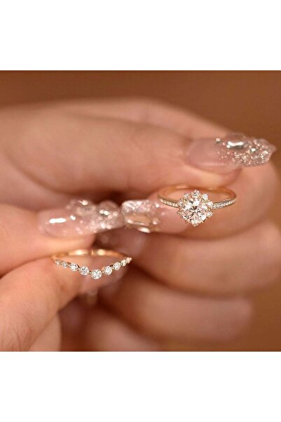 Karem Jewellery İkili Prenses Kesim Yüzük Gold Altın Renk Kaplama Taşlı Zarif...
