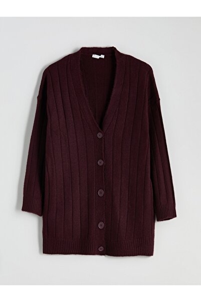Lavanta Tekstil Burgundy V-Neck Women's Knitwear Cardigan