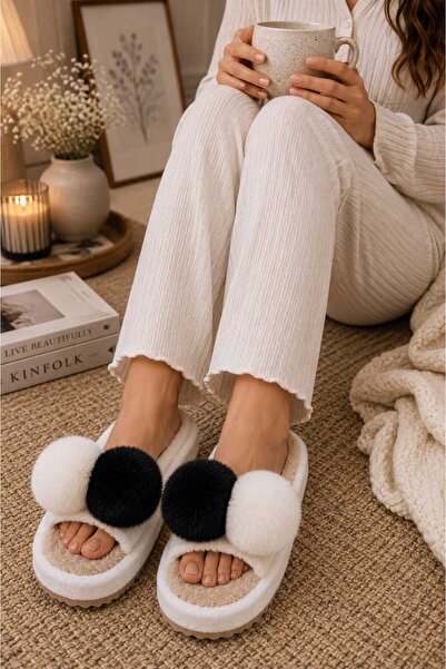 Slipcat Women's Pompom Detailed, Dual Color, Non-Slip Sole, Plush House Slippers