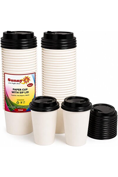 Sunny Your Bright choice Sunny Paper Cups with Sip Lid 12 oz (360 ml) – Food Grade Coffee Cups for Hot Drinks, Leak Resistant, Secure Sip Lid for Tea, Coffee & Hot Chocolate, White, Pack of 25