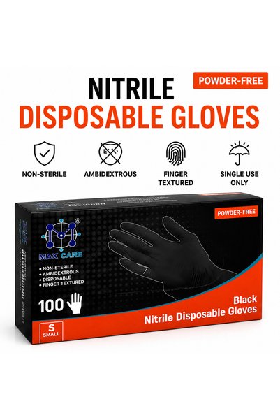 Maxcare MAX CARE Black Nitrile Disposable Gloves – Powder-Free, Non-Sterile, Ambidextrous, Finger Textured, Single Use Gloves –100 Gloves