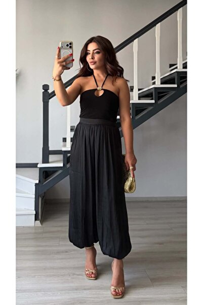 Oslove Black Satin Trousers with Elastic Cuffs