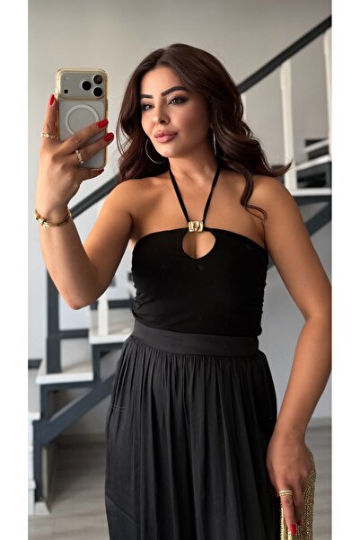 Oslove Black Halter Neck Blouse with Gold Accessory Detail