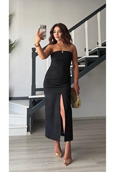 Oslove Black Strapless Dress with Front Slit