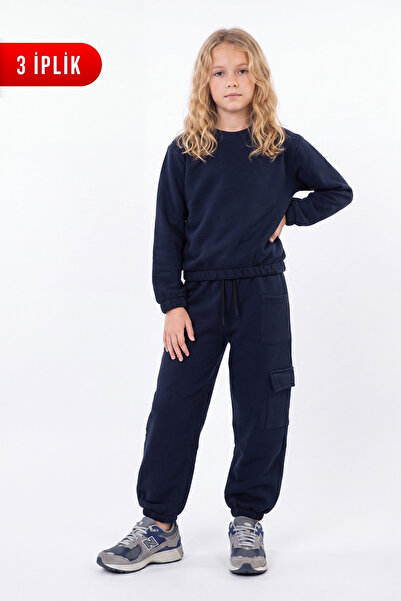 FYK KİDS 3 Thread Girls' Plain Low Waist Sweatshirt Crew Neck Sweatpants Set