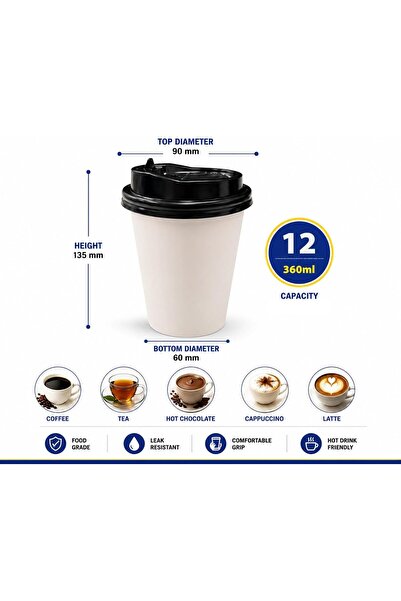 Sunny Your Bright choice Sunny Paper Cups with Sip Lid 12 oz (360 ml) – Food Grade Coffee Cups for Hot Drinks, Leak Resistant, Secure Sip Lid for Tea, Coffee & Hot Chocolate, White, Pack of 25