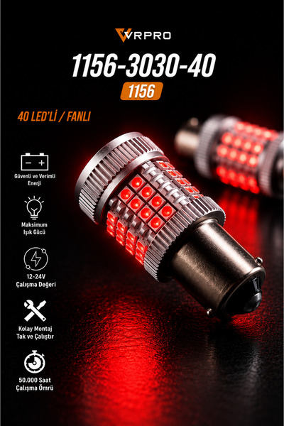 vr pro 1156 40 Ledli Kırmızı Fanlı Isınmaz P21W Ultra Güçlü Işık Tey Duy Geri Vites Park Ampülü