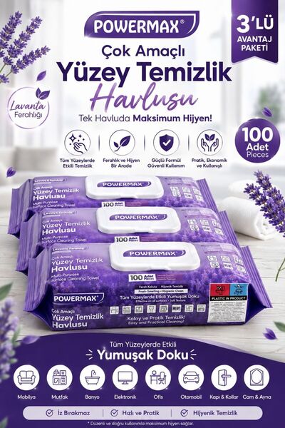MOONFER Powermax Yüzey Temizlik Havlusu 100’lü Lavanta Ferahlığı Çok Amaçlı 3...