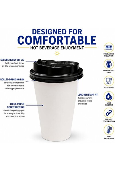 Sunny Your Bright choice Sunny Paper Cups with Sip Lid 12 oz (360 ml) – Food Grade Coffee Cups for Hot Drinks, Leak Resistant, Secure Sip Lid for Tea, Coffee & Hot Chocolate, White, Pack of 25