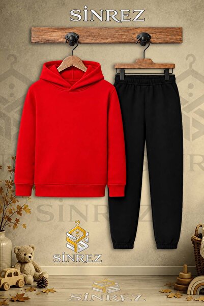 SİNREZ Children's Unisex Single-Piece Plain Printed Hooded Tracksuit Set