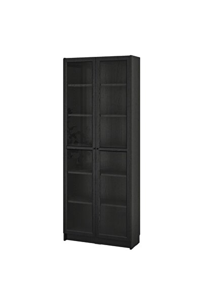 IKEA Modern Siyah Cam Kapaklı Kitaplık 80x30x202 cm - Salon/Çalışma Odası Dolabı