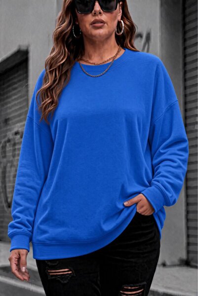 Oksit Uly Women's Large Size Oversized Basic Crew Neck Two-Thread Cotton Swea...