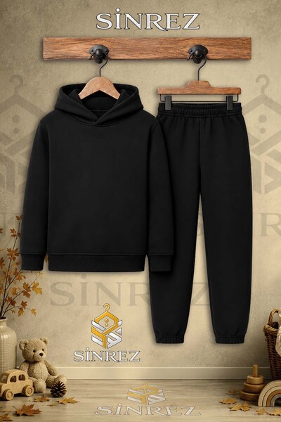 SİNREZ Children's Unisex Single-Piece Plain Printed Hooded Tracksuit Set