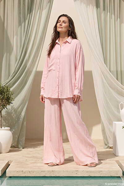 Ceremony Front Buttoned Two Layer Pocketed Trousers Cupra Set 914 Pink