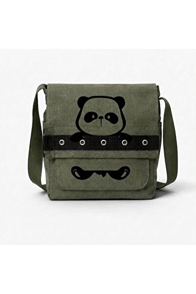 nesebutik Khaki Panda Printed Round Eyelet Messenger Bag