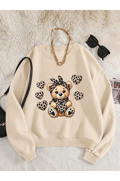 Trend Sizde Hanorac unisex cu imprimeu leopard și ursuleț, cu gât rotund