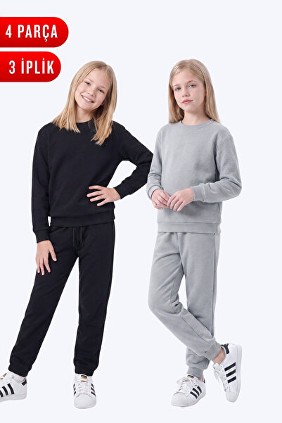 FYK KİDS 3 Thread Flat Girls' Double Pocket Crew Neck 2-Piece Tracksuit Set
