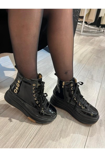 Guja Svetla Collection Women's Black Patent Leather High-Top Lace-Up Boots