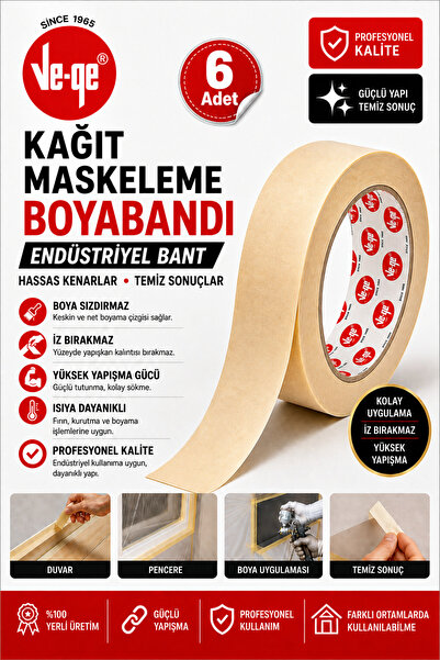 Ve-ge Kağıt Maskeleme Bandı – Endüstriyel Maskeleme Bandı 48 Mm x 25 Mt | 6 Adet