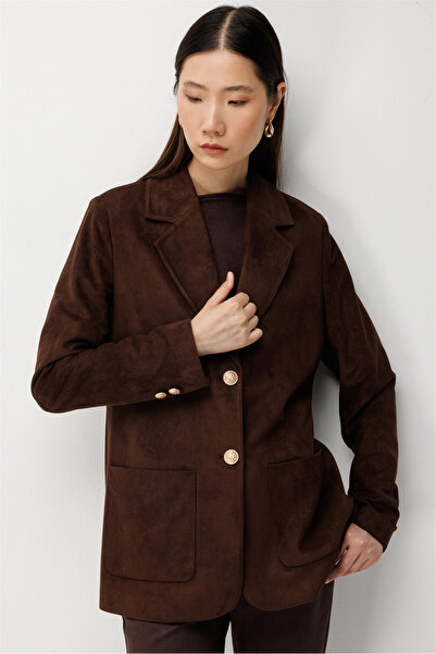 Ekol Black Suede Blazer Jacket with Gold Button Detail 4091