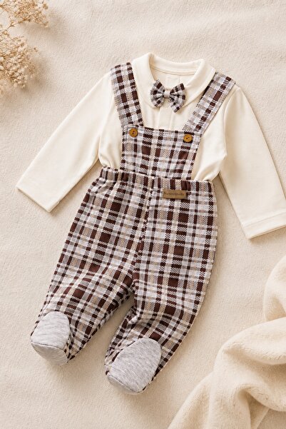 METEOR BABY Baby Boy Set with Bow Tie, Plaid Patterned 3-Piece Set, Salopet P...