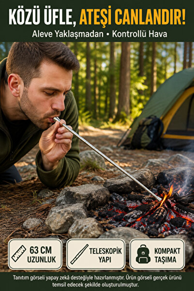 OpenCity 63 cm Teleskopik Ateş Üfleme Borusu Kamp Piknik Outdoor Köz Canlandı...
