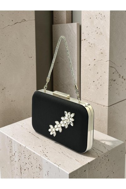 Biçanta Black Striped Satin Silver Detailed Crystal Stone Chain Strap Women's Evening Dress Bag Wedding Engagement Graduation