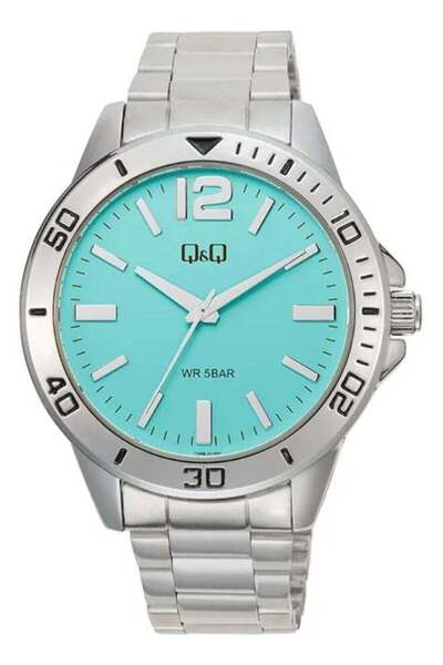 Q&Q Men's Analog Quartz Watch Q28B-010PY, Silver Case, Aqua Dial