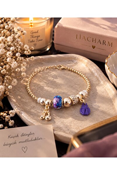 Liacharm Purple Charm Detailed Gold Ball Beaded Women's Bijouterie Bracelet