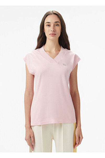 Lacoste Light Pink V-Neck Short Sleeve Slim Fit Women's T-Shirt