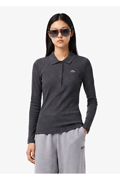 Lacoste L.12.D Slim Fit Grey Polo Collar Long Sleeve Women's T-Shirt