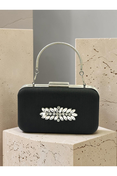 Biçanta Black Striped Satin Silver Detailed Crystal Stone Chain Strap Women's Evening Dress Bag Wedding Engagement Graduation