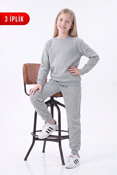 FYK KİDS 3 Thread Flat Girls' Double Pocket Crew Neck Sweatpants Set