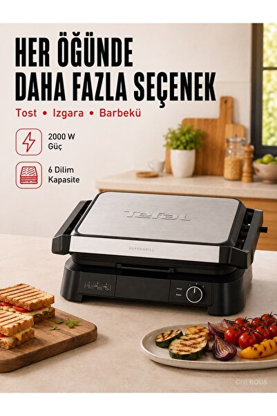 TEFAL SuperGrill 3in1 6 Dilim Kapasiteli 2000 Watt Barbekü Izgara ve Tost Makinesi - Fırın Özellikli