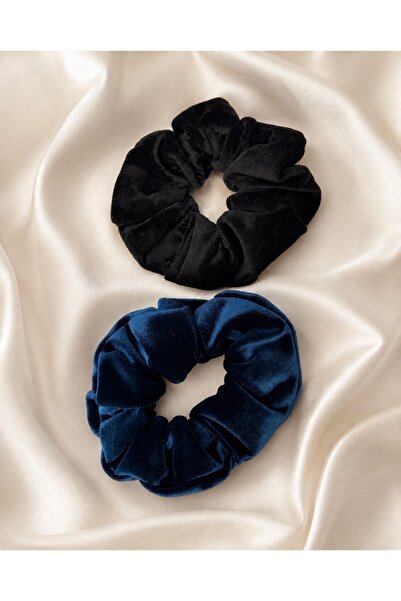 2’li Kadife Oversize Scrunchie Lastik Toka Seti – Siyah & Lacivert