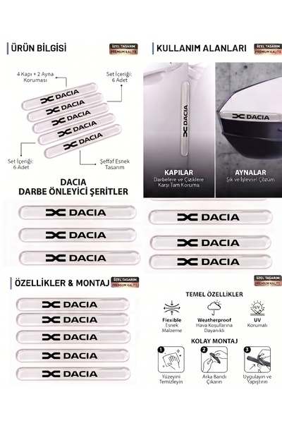 İntervex Global DACIA Uyumlu 6 Parça Kapı ve Yan Ayna Koruma Şeridi - Premium...