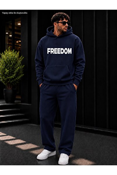caddekombin Men's Freedom Typographic Printed Tracksuit Set / Hooded Sweatshi...