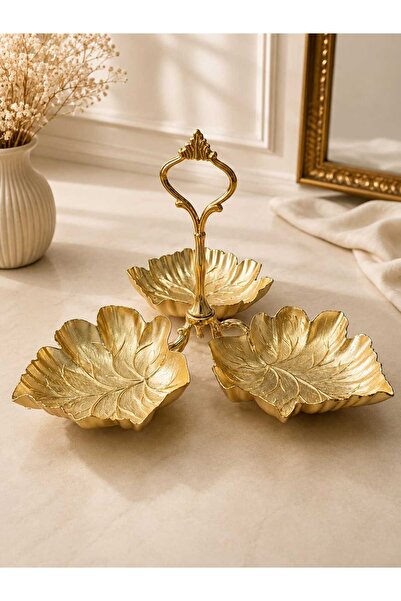 RAHSAN COLLECTİON 3 Bölmeli Yaprak Desenli Gold Sunumluk Dekoratif Çerezlik V...