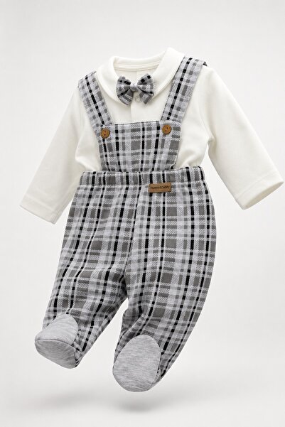 METEOR BABY Baby Boy Set with Bow Tie, Plaid Patterned 3-Piece Set, Salopet P...