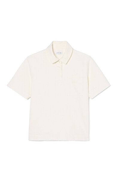 Lacoste Beyaz Oversize Fit Denim Polo Yaka Kısa Kollu Kadın Gömlek