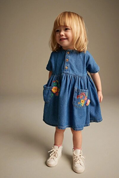 Next Baby Pamuklu Mavi Denim Çiçek Desenli Elbise