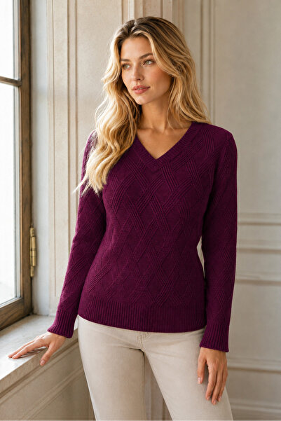 AQE FASHION Women's V-Neck Long Sleeve Diamond Knit Patterned Ribbed Detailed...