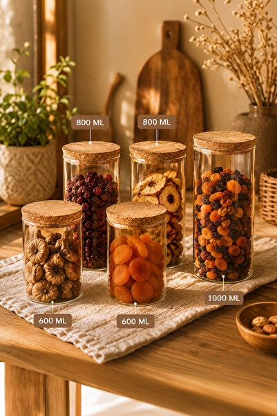 Porsima Cork 5'li Borosilikat Cam Kavanoz Seti Mantar Kapaklı Saklama Seti Kavanoz 600-800-1000 ml