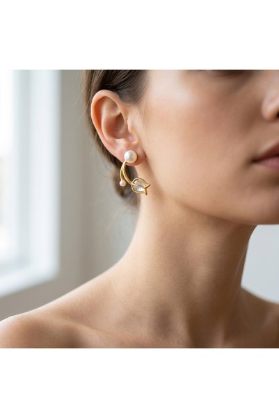 Prizma Concept Women's Gold Color Elegant Tulip Figured Pearl Stylish Design Earrings - Modern Minimalist Daily and Special Occasion Accessory