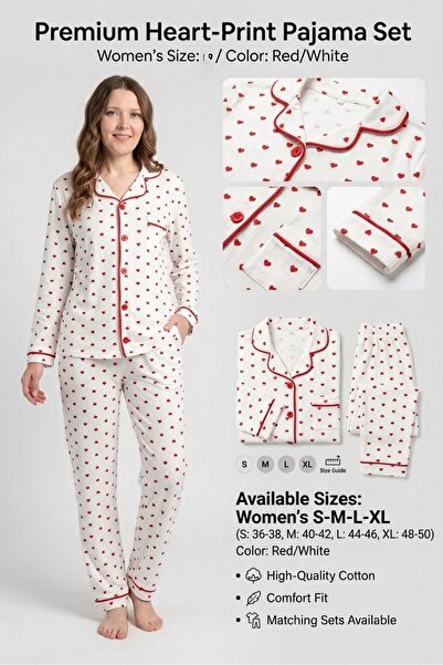MİLAYS LİFE HOME COLLECTİON Women's 100% Cotton Hearted Pajama Set S-M-L-Xl S...