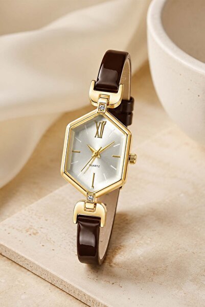 GANYMET Ganios Women's Wristwatch – Shiny Brown Minimal Strap, Gold Geometric...