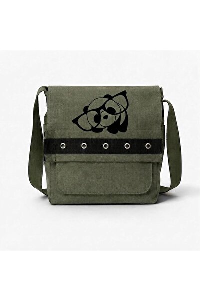nesebutik Khaki Glasses Panda Printed Round Eyelet Messenger Bag