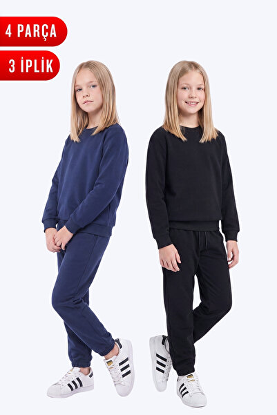 FYK KİDS 3 Thread Flat Girls' Double Pocket Crew Neck 2-Piece Tracksuit Set