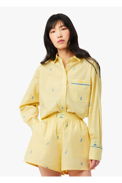 Lacoste Sarı Çizgili Oversize Fit Uzun Kollu Kadın Gömlek